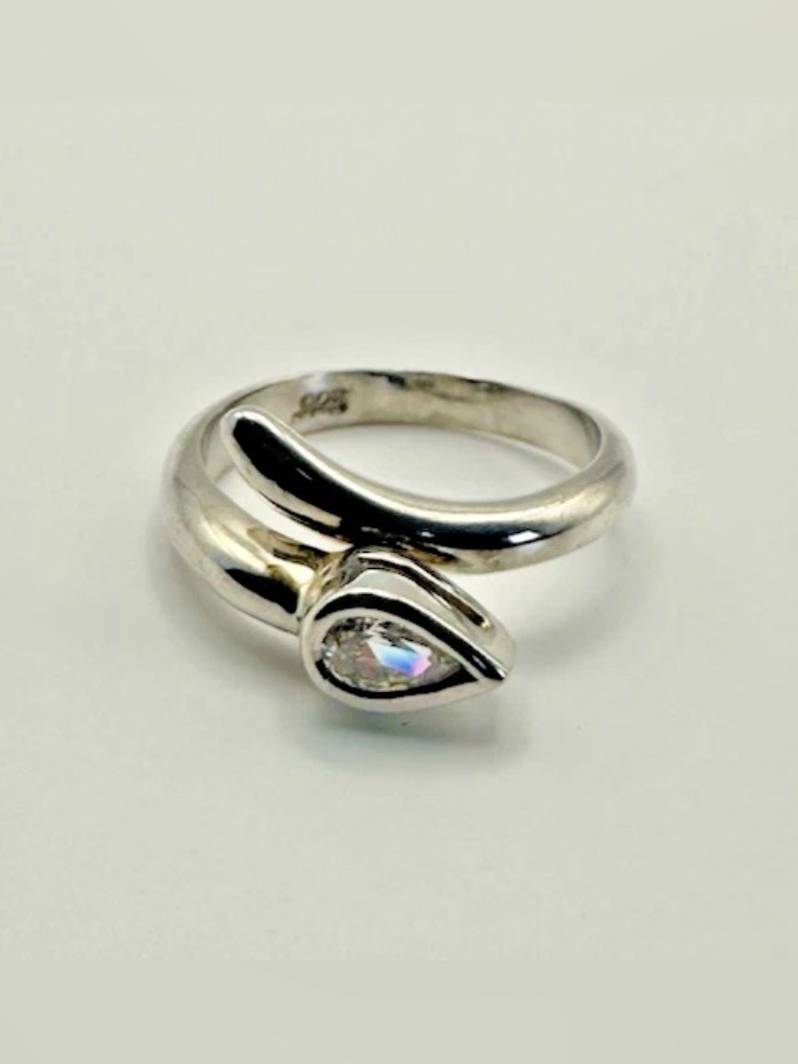 Sterling Silver 925 Sculptural Bypass Ring Pear Clear Bezel Modernist Sz 5.5 Vtg